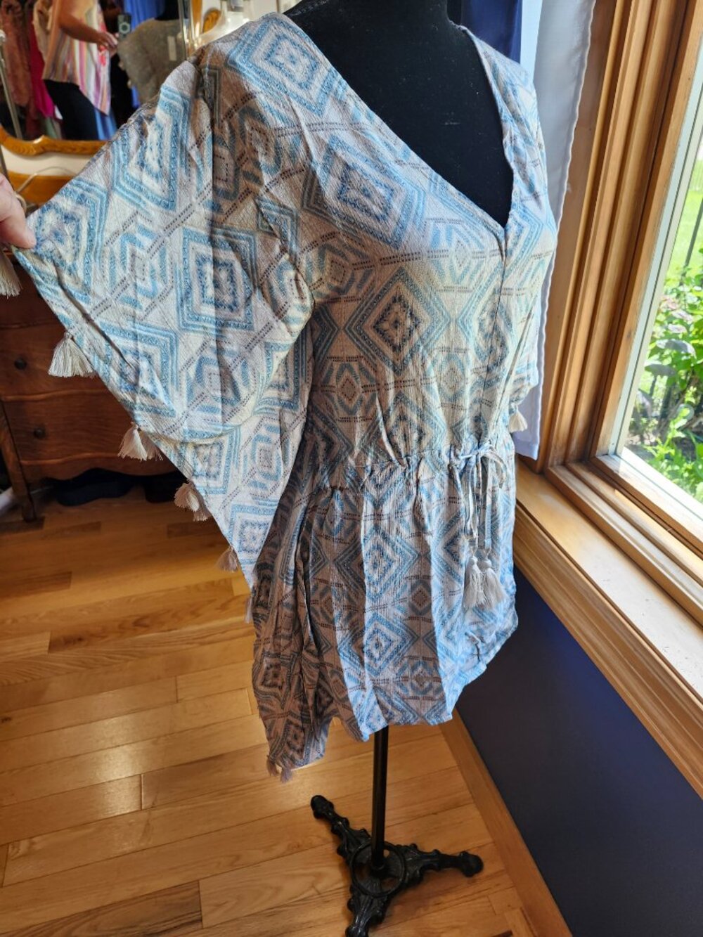 Shop Neighbor Boho V-Neck Adjustable Waist Multi Print Tunic Top w/Tassles